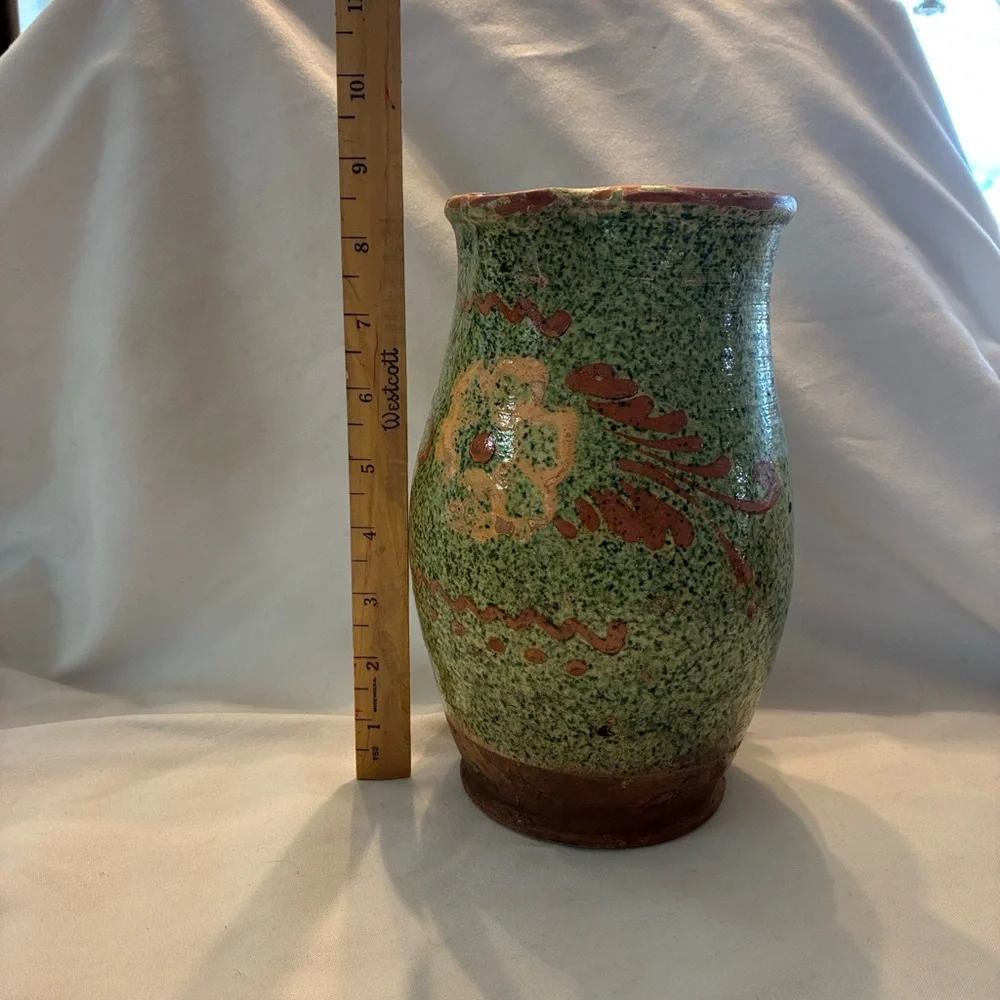 Italian ceramic pitcher rustic or folk art style, speckled green glaze Red Clay